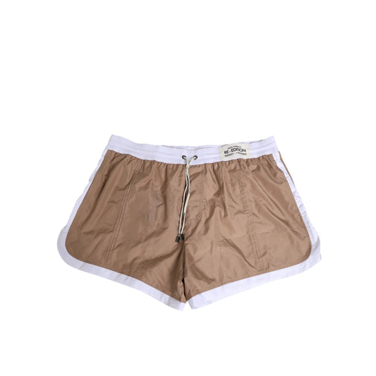 Dolce & Gabbana Brown White Polyester Re-Edition Shorts Swimwear with elastic waistband and logo drawstring, featuring side pockets.