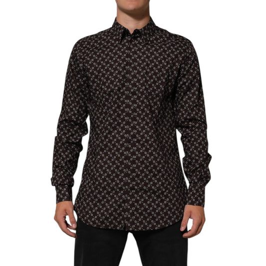 Elegantly styled Dolce & Gabbana BrownFloral Collared GOLD Formal Dress Shirt with floral pattern and premium gold accents for special occasions.