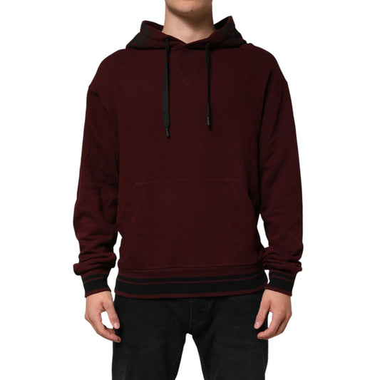 Dolce & Gabbana Burgundy Cotton Plaid Lined Men Hoodie Sweater with black ribbed cuffs and hem, featuring cozy drawstring hood.