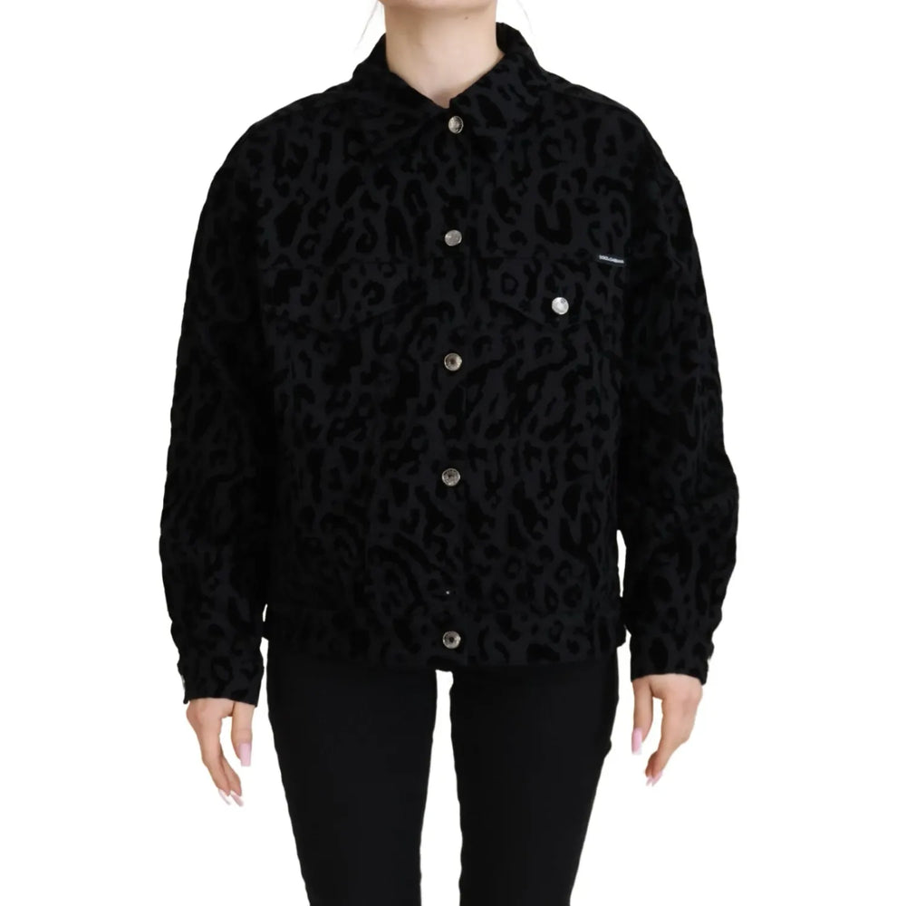 Dolce & Gabbana Cotton Black Leopard Long Sleeve Denim Jacket with button closure and logo details, made in Italy.