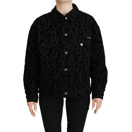 Dolce & Gabbana Cotton Black Leopard Long Sleeve Denim Jacket featuring button-down style and elegant leopard print pattern.