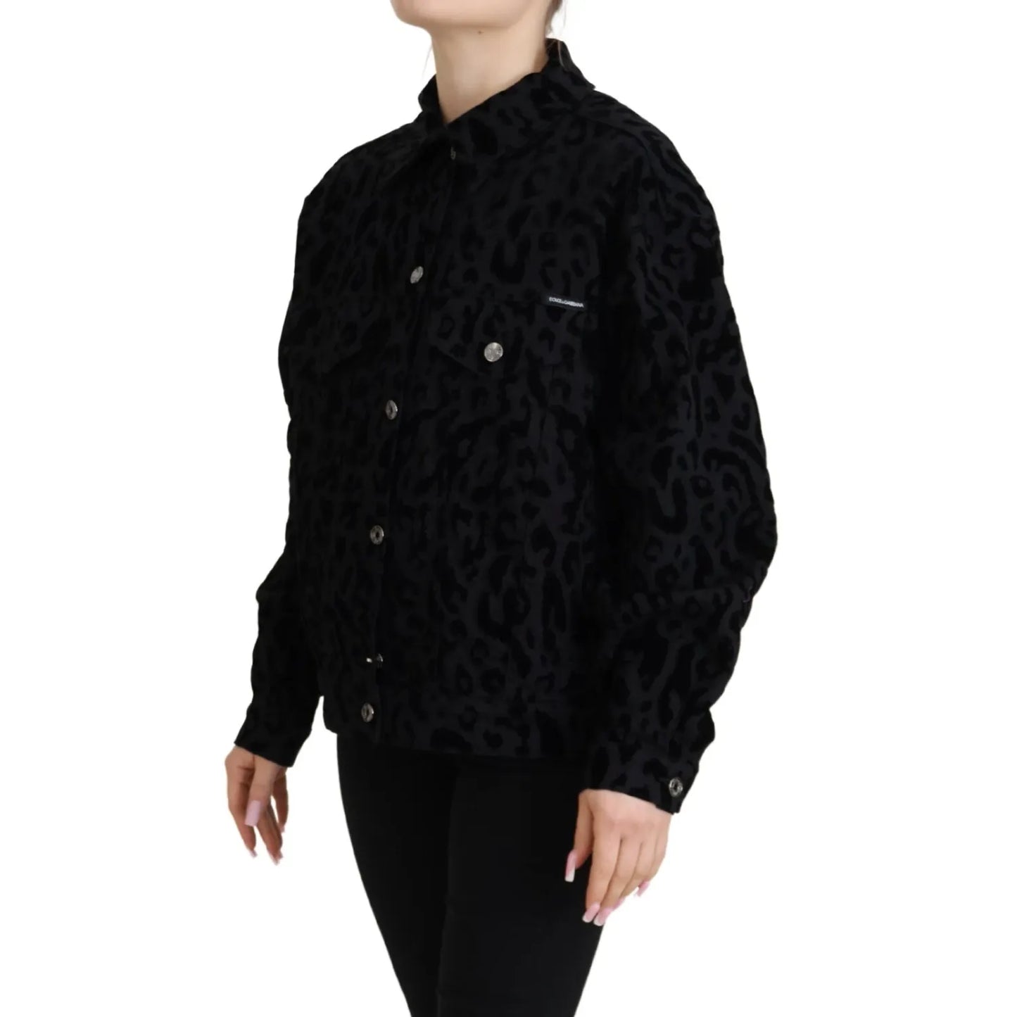 Dolce & Gabbana Cotton Black Leopard Long Sleeve Denim Jacket with button closure, made in Italy, shown on model.