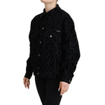 Dolce & Gabbana Cotton Black Leopard Long Sleeve Denim Jacket with button closure, made in Italy, shown on model.
