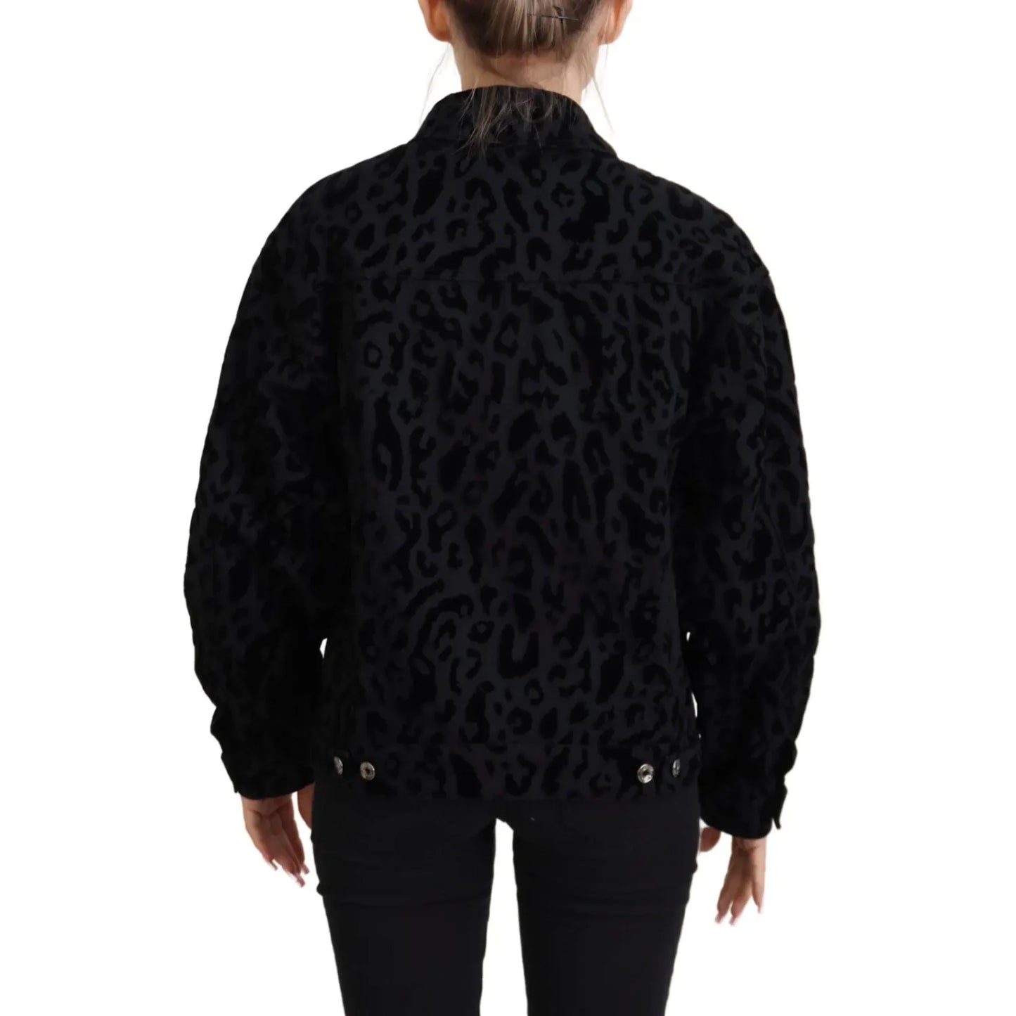Rear view of Dolce & Gabbana Cotton Black Leopard Long Sleeve Denim Jacket with button details and exclusive design.