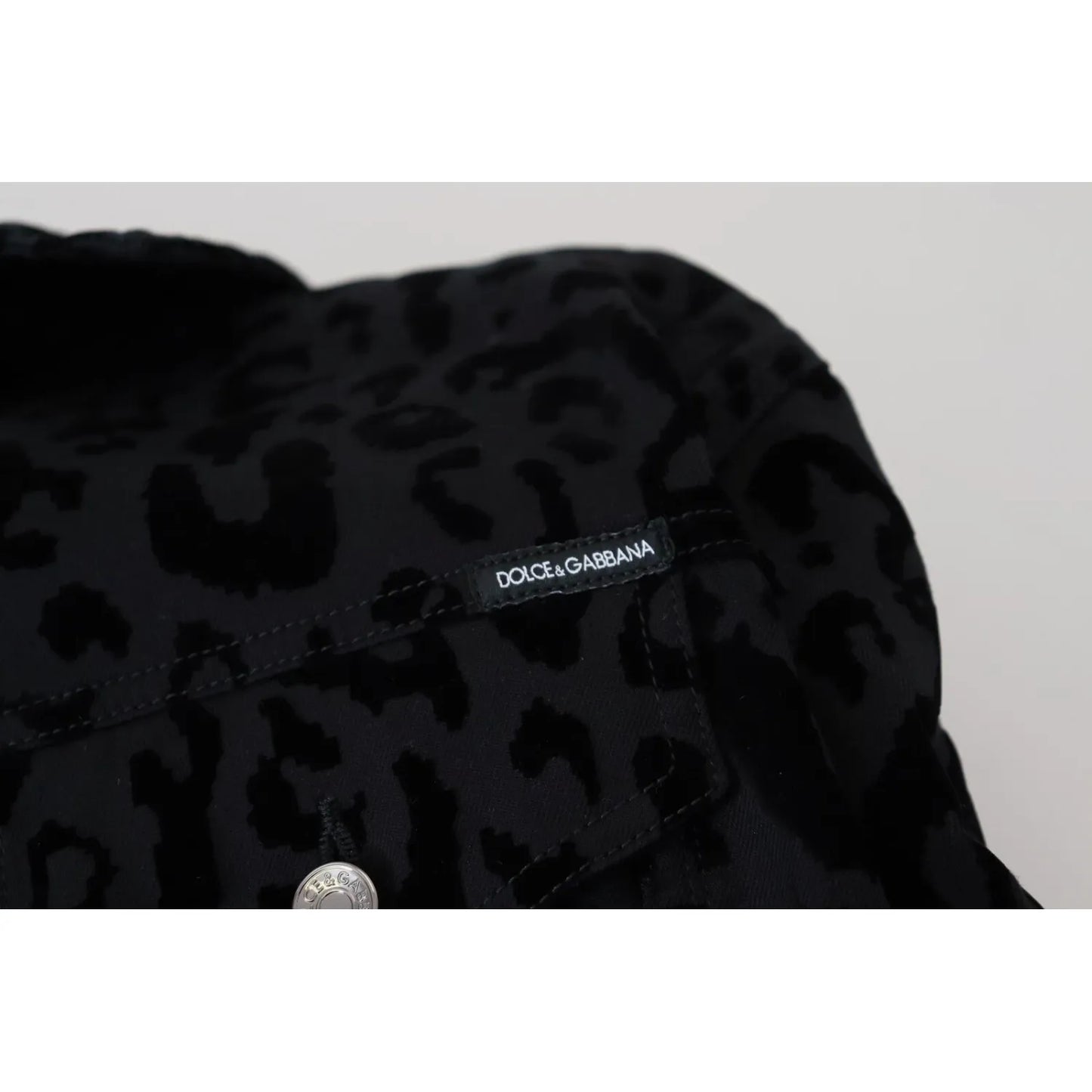 Dolce & Gabbana Cotton Black Leopard Long Sleeve Denim Jacket with logo detail, featuring leopard pattern.