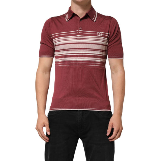 Dolce & Gabbana Cotton Burgundy Striped DG Logo Polo T-shirt worn by a model, showcasing Italian craftsmanship and casual elegance.