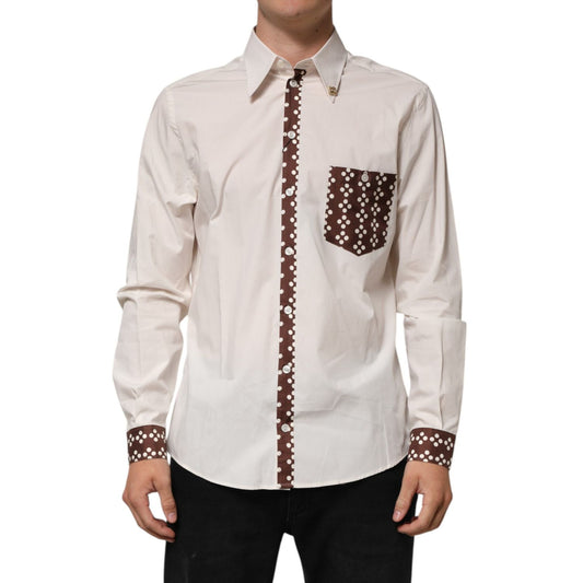 Dolce & Gabbana Cream White Cotton Polka Dot Slim Fit Shirt with brown accents on placket, pocket, and cuffs.