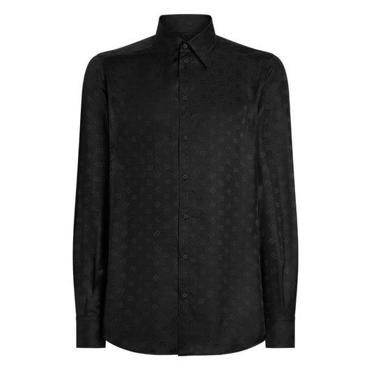 Dolce & Gabbana DG logo martini jacquard shirt in black silk with button fastening, classic collar, and long sleeves.