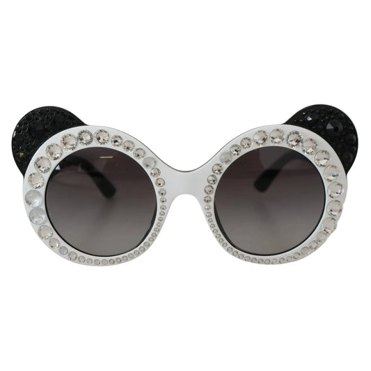 Dolce & Gabbana DG4325BM White Black Acetate Crystal Shades Sunglasses with gray lenses, embellished design, women’s fashion accessory.