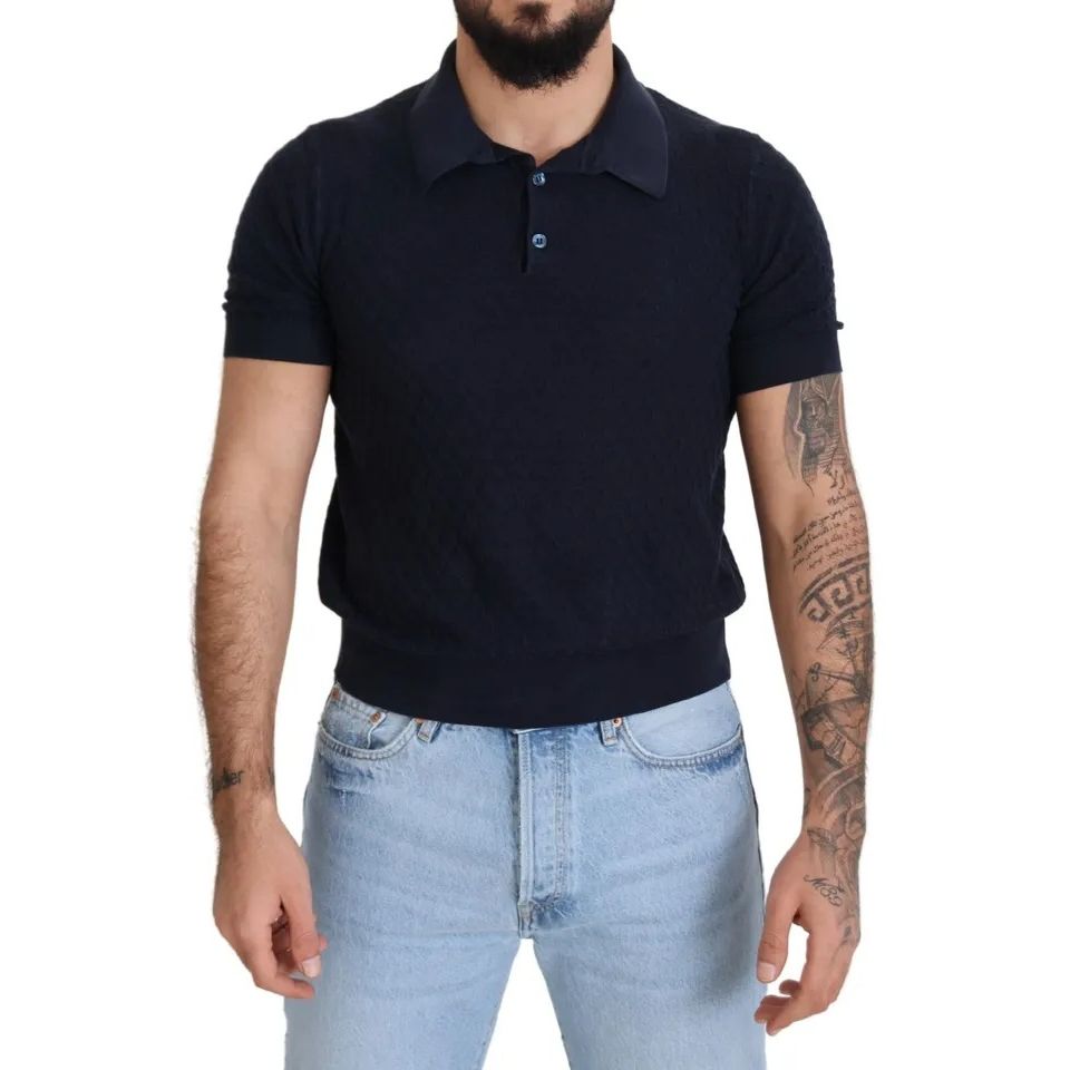 Man wearing Dolce & Gabbana Dark Blue Collared Polo Casual Silk T-shirt with short sleeves and collared neckline.