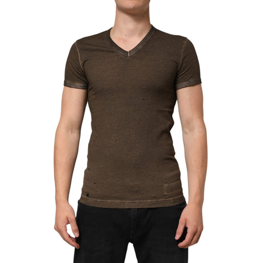 Dolce & Gabbana Dark Brown Cotton Tattered Logo Men T-shirt with punched-hole design and V-neck cut, regular fit style.