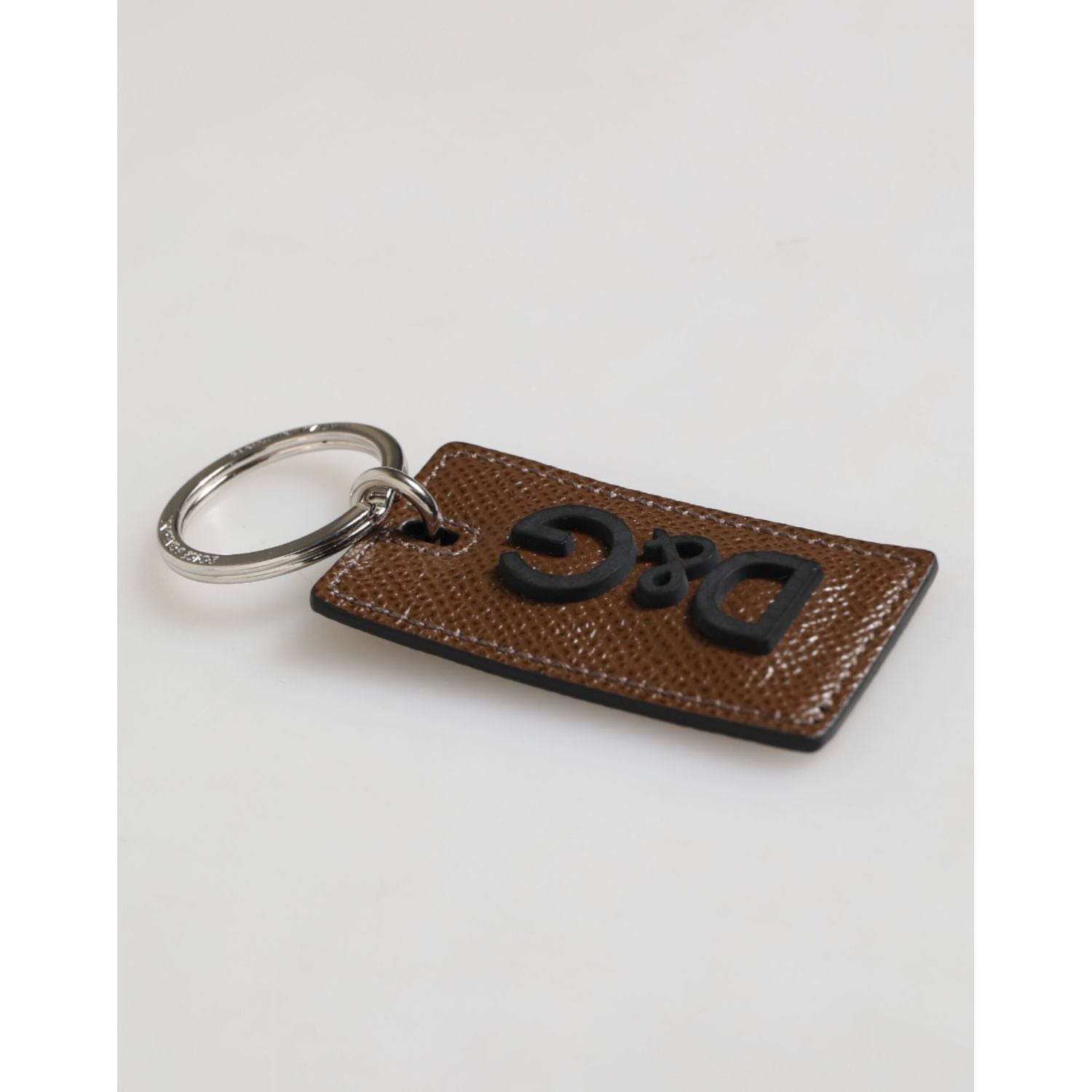 Dolce & Gabbana Dark Brown Leather Logo Metal Ring Keychain Holder Keyring
