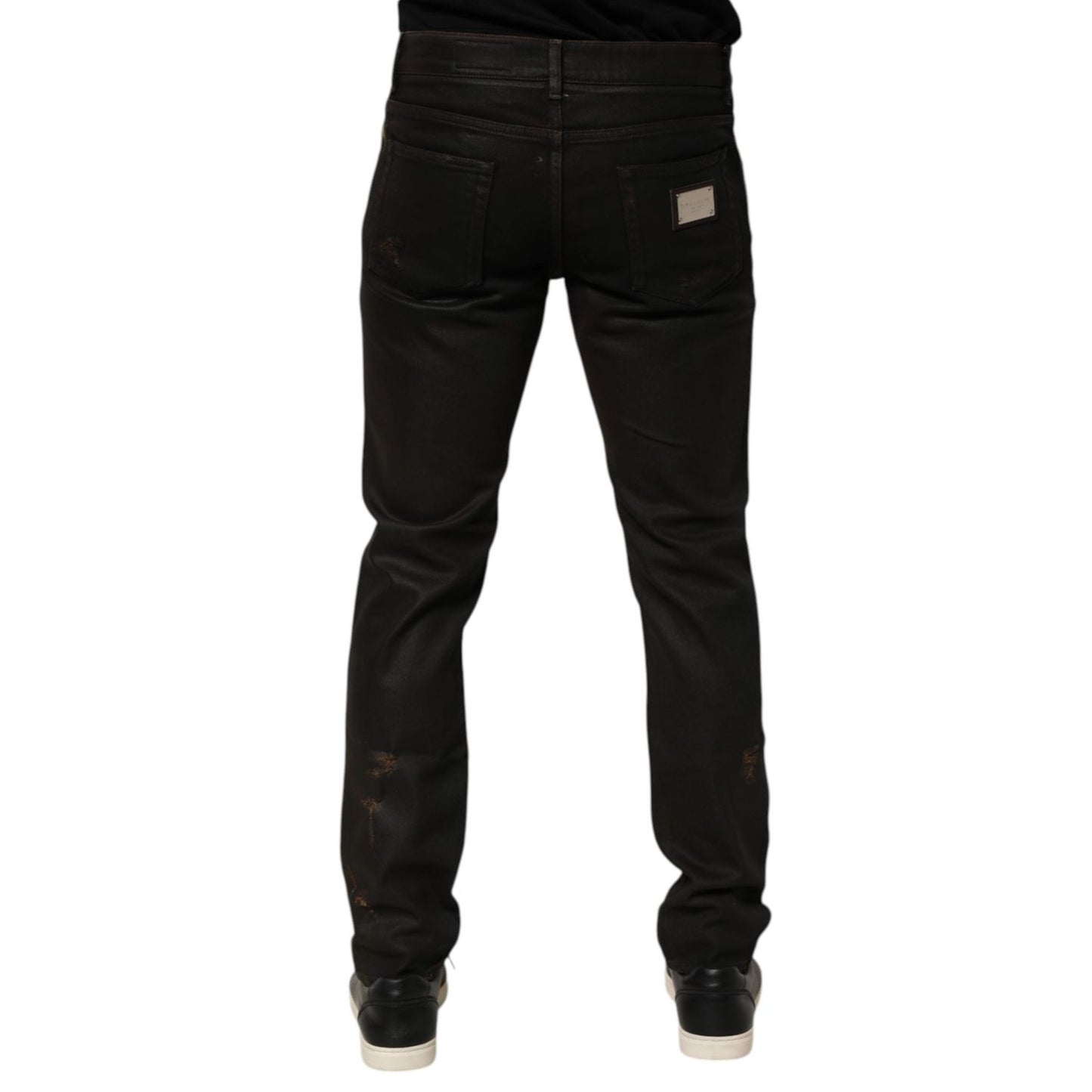 Dolce & Gabbana Dark Brown Tattered Cotton Skinny Denim Jeans