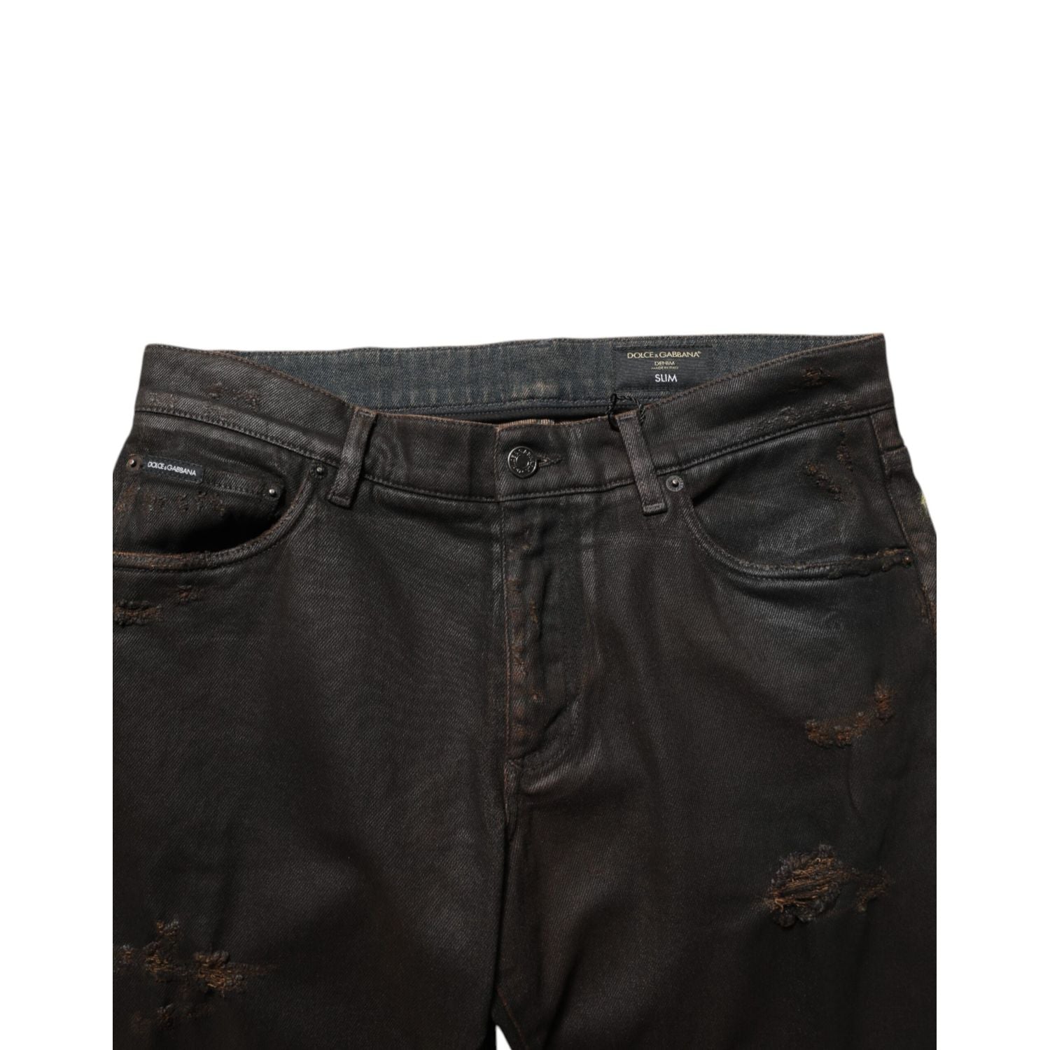 Dolce & Gabbana Dark Brown Tattered Cotton Skinny Denim Jeans