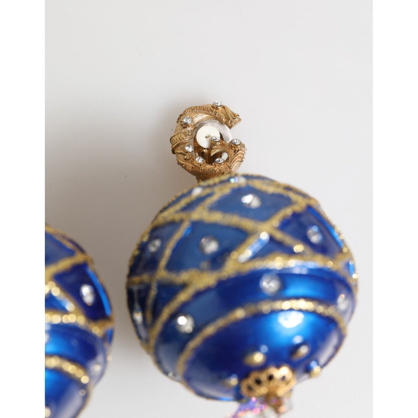 Dolce & Gabbana Gold Brass Blue Christmas Ball Crystal Drop Clip On Earrings