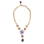 Dolce & Gabbana Gold Brass Crystal Pearl Purple Floral Pendant Jewelry Necklace with violet crystal and pearl accents