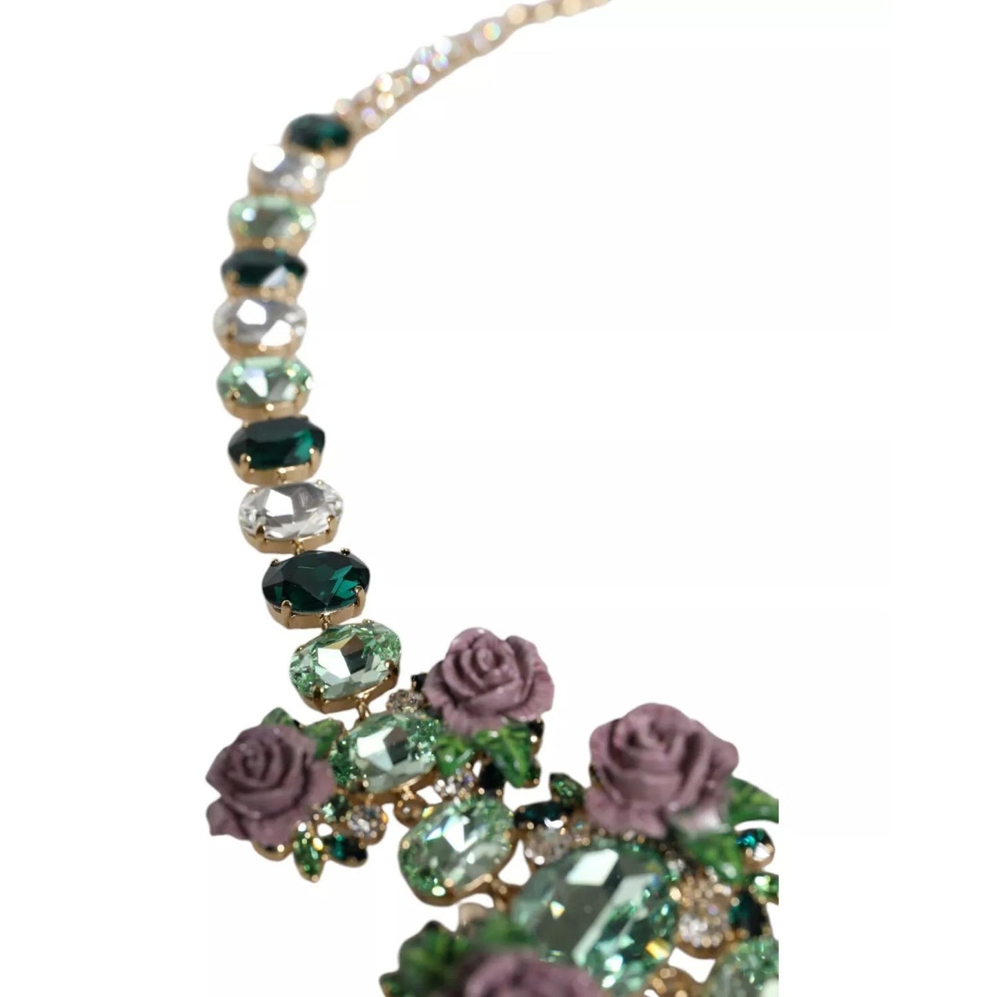 Dolce & Gabbana Gold Brass Link Chain Rose Petal Crystal Necklace with multicolor crystals and floral design, showcasing luxury.