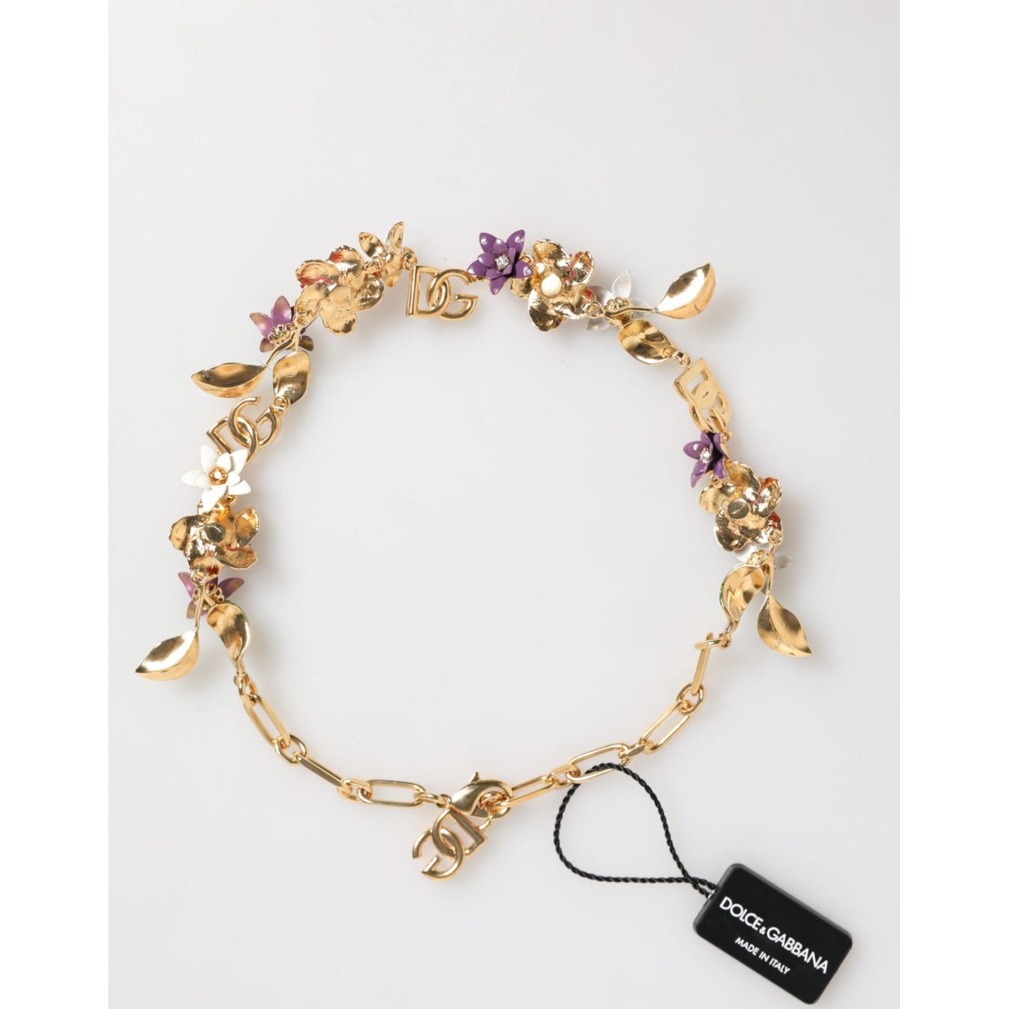 Dolce & Gabbana Gold Brass Logo Detail Floral Fashion Jewelry Necklace