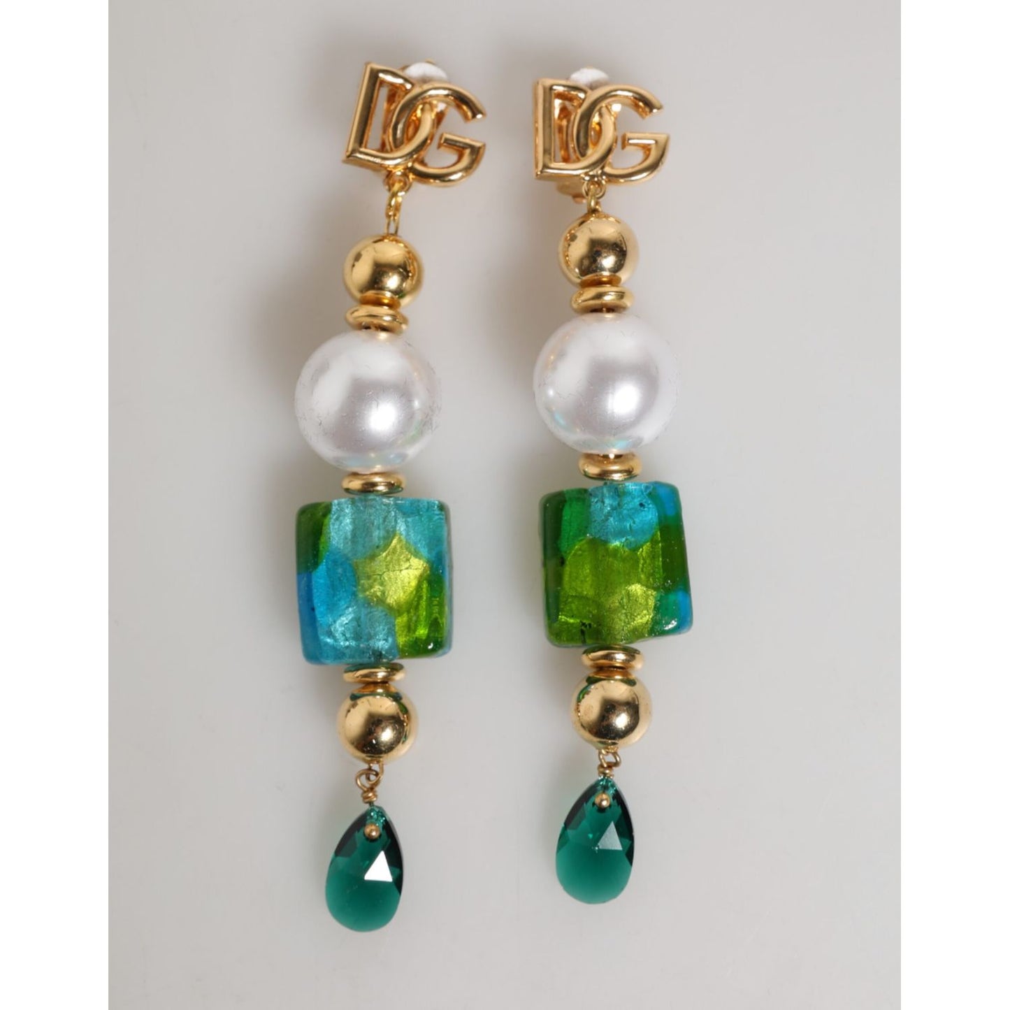 Dolce & Gabbana Gold Brass Multicolour Pearl Green Blue Drop Logo DG Earrings