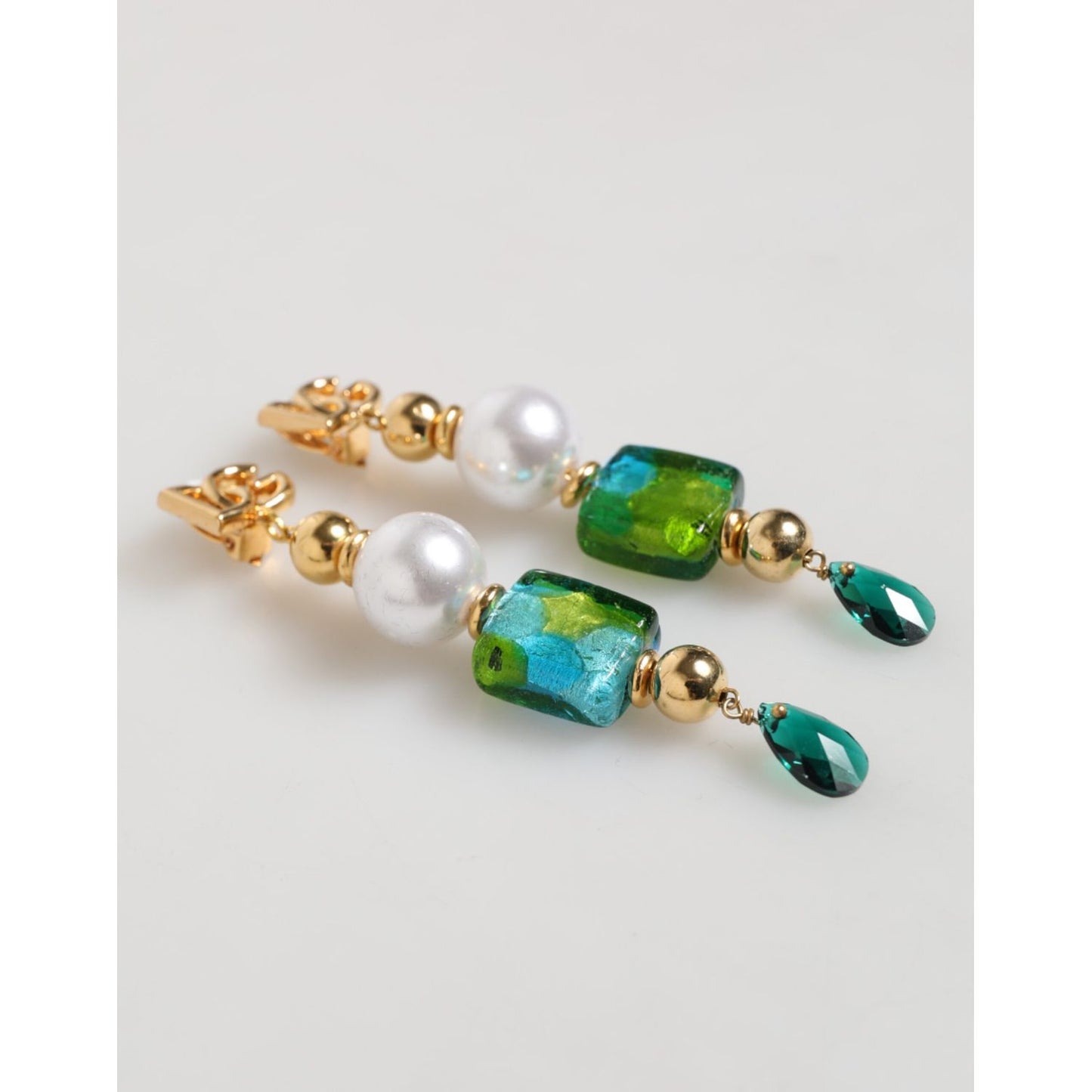 Dolce & Gabbana Gold Brass Multicolour Pearl Green Blue Drop Logo DG Earrings