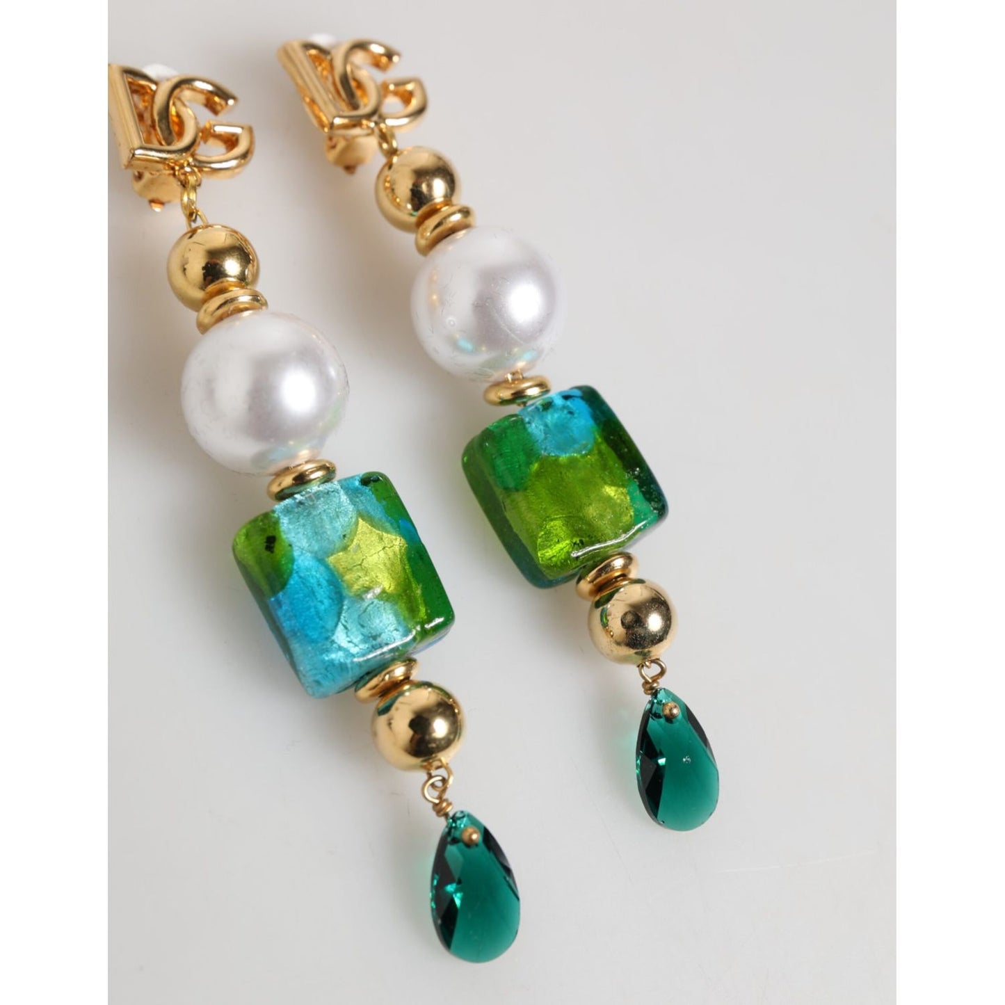 Dolce & Gabbana Gold Brass Multicolour Pearl Green Blue Drop Logo DG Earrings