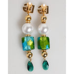 Dolce & Gabbana Gold Brass Multicolour Pearl Green Blue Drop Logo DG Earrings