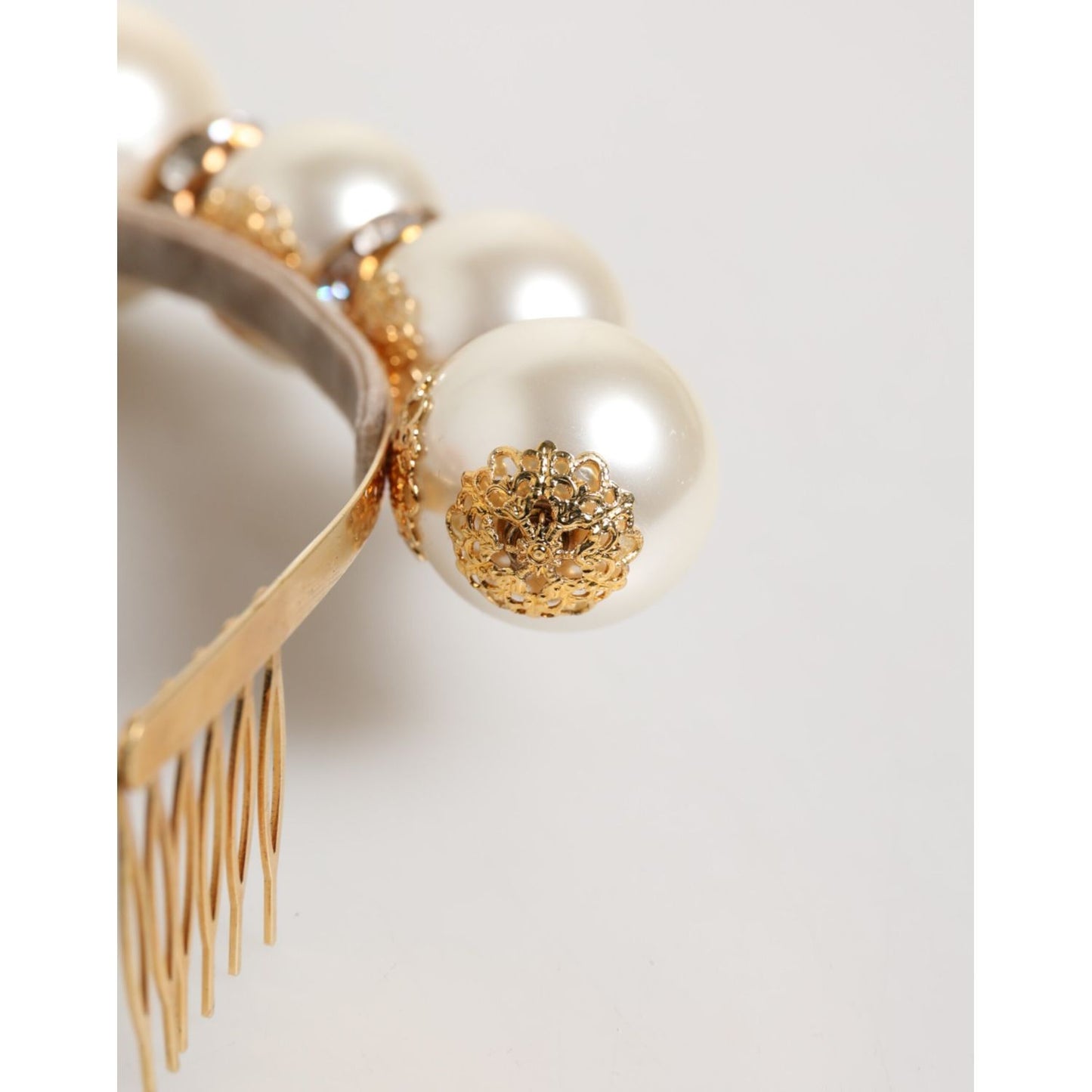 Dolce & Gabbana Gold Pearl Crystal Embellished Tiara Hair Accessory Headband