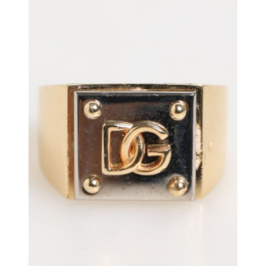 Dolce & Gabbana Gold Tone Brass Signet Square DG Logo Plaque Men Ring with stud-style corners, luxury black and gold design.