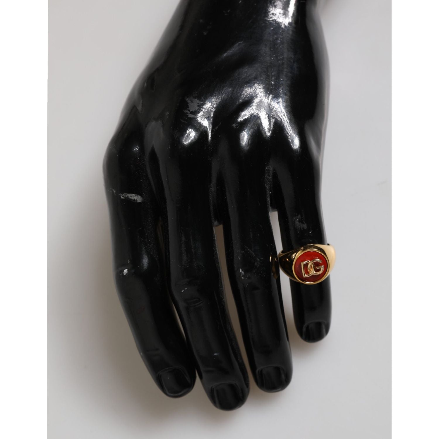 Dolce & Gabbana Gold Tone Real Brass Round Red DG Logo Men Ring