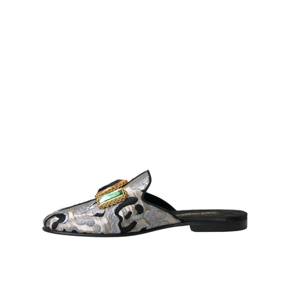 Dolce & Gabbana Gray Jacquard Crystal Mule Flat Sandals Shoes