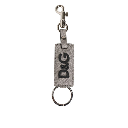 Dolce & Gabbana Gray Leather Logo Metal Ring Keychain Holder Keyring with embossed logo and silver detailing.