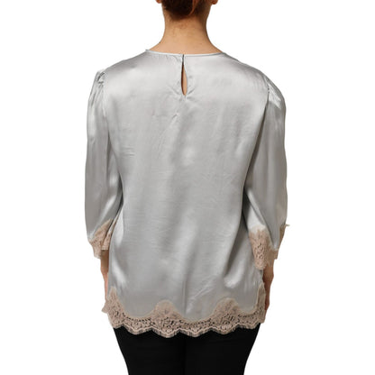 Dolce & Gabbana Gray Silk Satin Floral Lace Long Sleeve Top