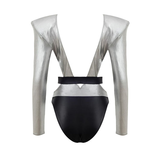 Dolce & Gabbana Gray Viscose One-Piece Swimsuit with long sleeves, deep neckline, padded shoulders, and elasticated belt in silver and black.