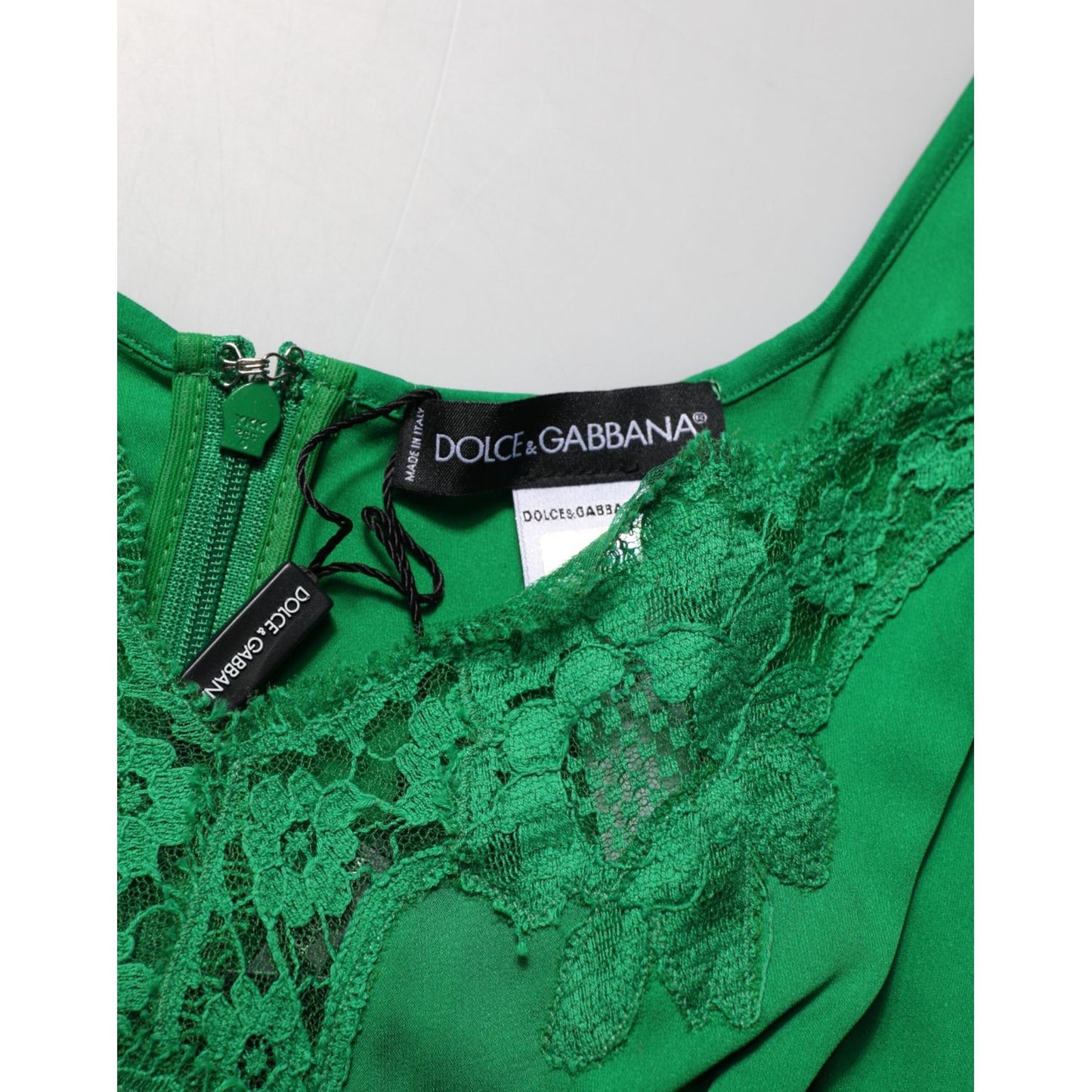 Dolce & Gabbana Green Floral Lace Tank Lingerie Top Underwear with exquisite lace detail and logo tag.