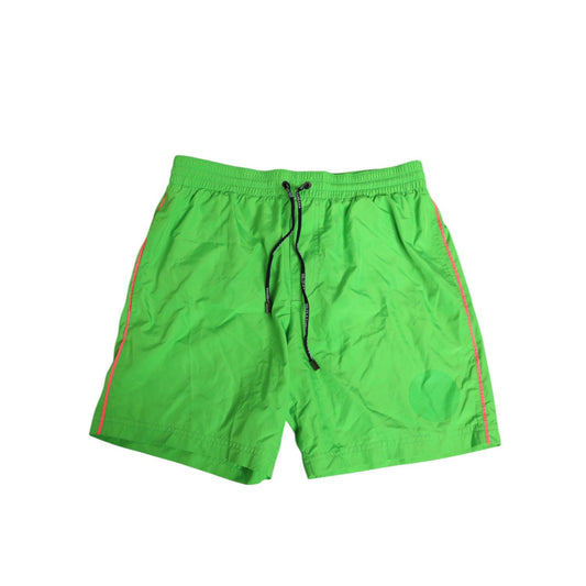 Dolce & Gabbana Green Nylon Drawstring Men Shorts Swimwear with elastic waistband and contrast side detailing for summer beachwear.