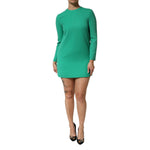 Dolce & Gabbana Green Viscose Acetate Mini Long Sleeve Dress with crew neckline, elegant design, model wearing chic outfit, made in Italy.