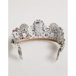 Dolce & Gabbana LED Crystal Embellished Silver Floral Filigree Crown Tiara on display, showcasing intricate details and sparkling crystals.