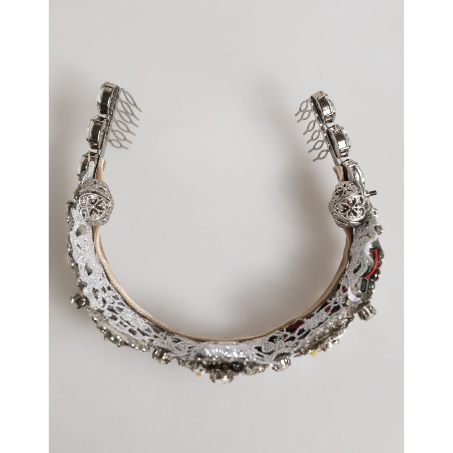 Dolce & Gabbana LED Crystal Embellished Silver Floral Filigree Crown Tiara with crystals and LED lights for modern glamour.