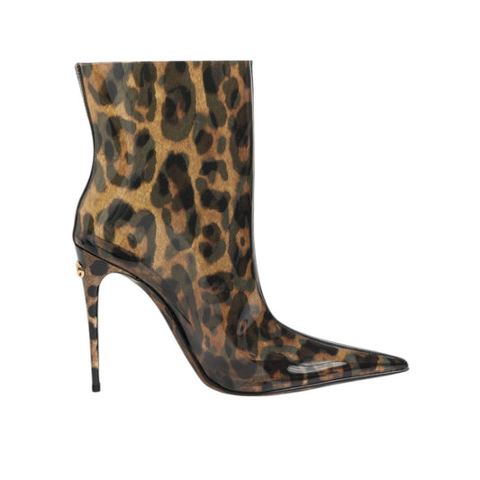 Dolce & Gabbana Leopard Print PVC Pointed Toe Boots Shoes with stiletto heel and DG logo, brown leopard pattern.