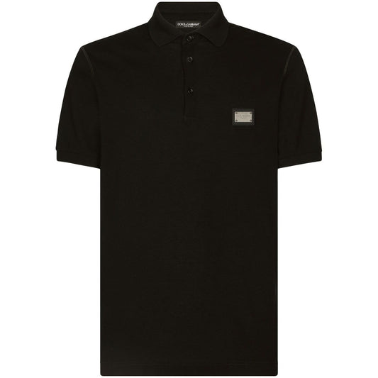 Dolce & Gabbana Logo cotton polo shirt in black with silver-tone logo plaque, short sleeves, and front button placket.