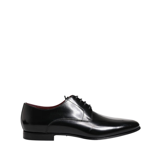 Dolce & Gabbana Men Dress Black Calfskin Leather Derby Shoes, elegant stitching, almond toe, made in Italy.