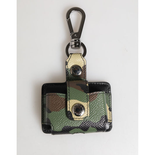 Dolce & Gabbana Multicolor Camouflage Leather Metal Accessory Airpods Case with keychain clip, displaying luxury Italian craftsmanship.