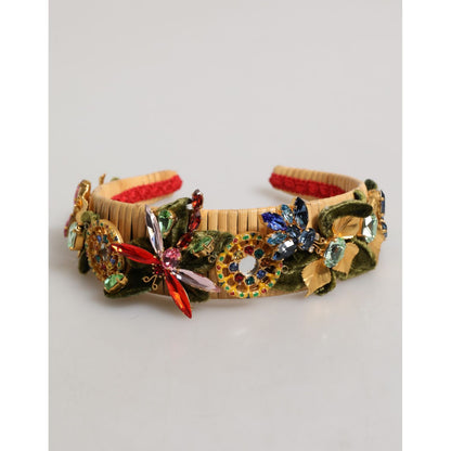 Dolce & Gabbana Multicolor Crystal Floral Gold Green Velvet Crown Headband