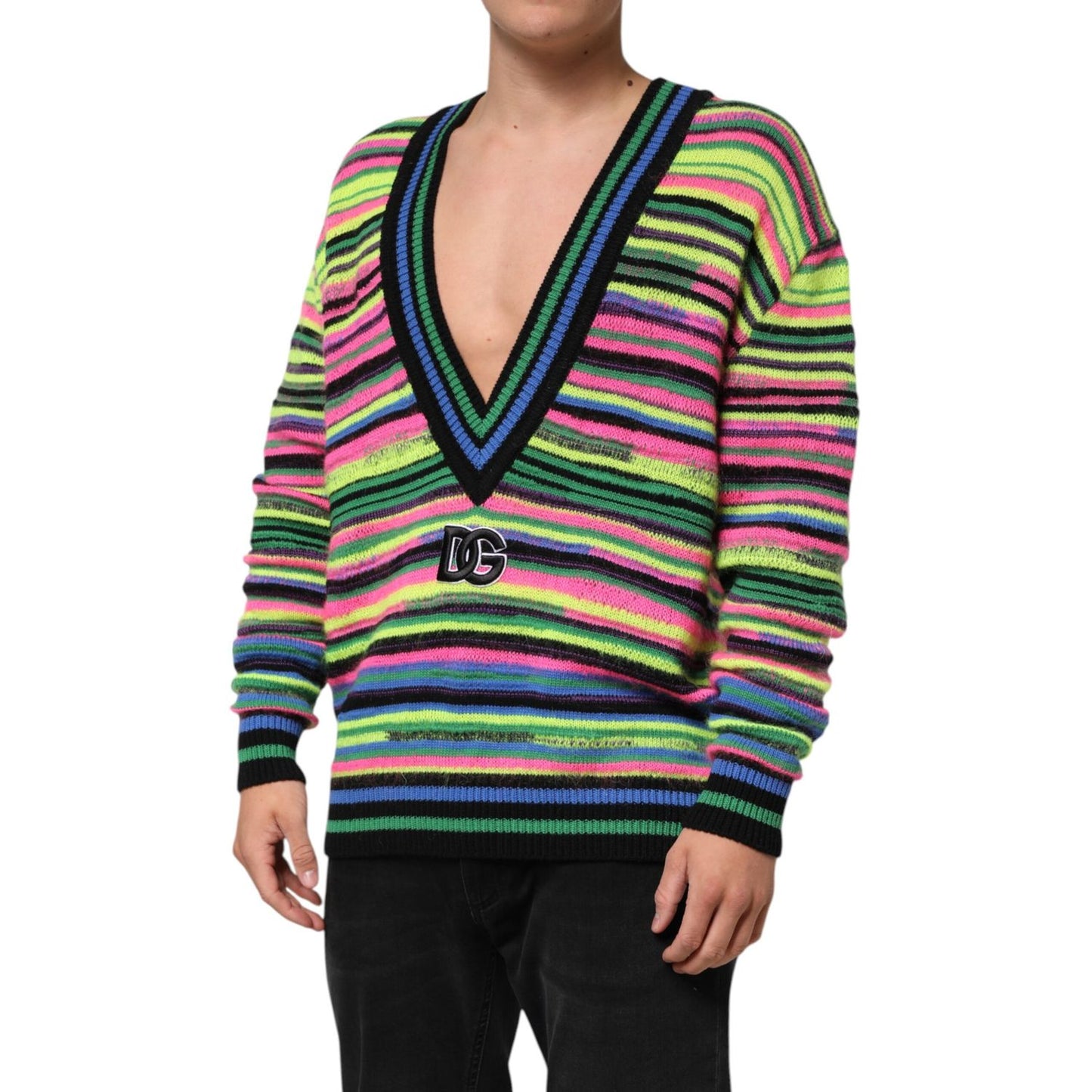 Dolce & Gabbana Multicolor DG Logo V-Neck Knit Pullover Sweater, striped design, deep neckline, worn by model.