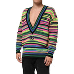 Dolce & Gabbana Multicolor DG Logo V-Neck Knit Pullover Sweater, striped design, deep neckline, worn by model.