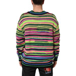 Back view of a Dolce & Gabbana Multicolor DG Logo V-Neck Knit Pullover Sweater with vibrant multicolor stripes.