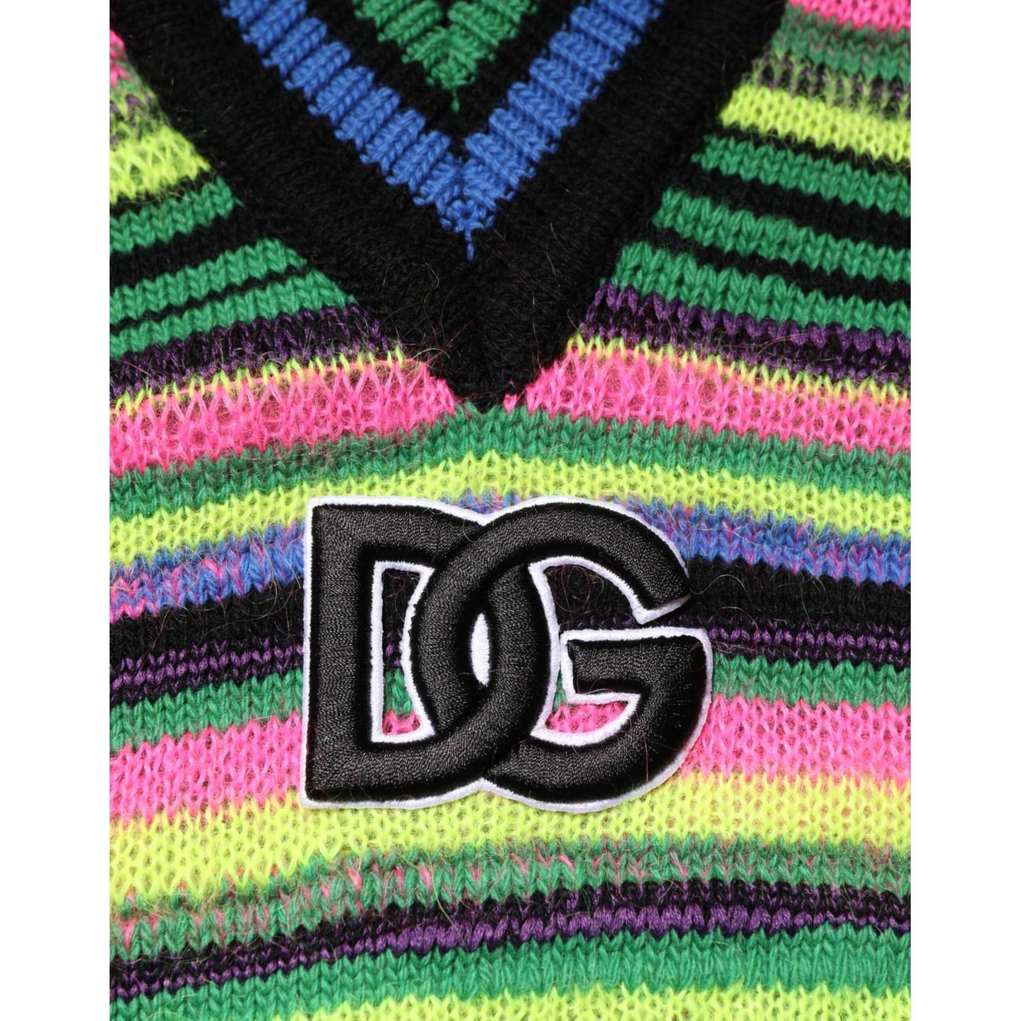 Dolce & Gabbana Multicolor DG Logo V-Neck Knit Pullover Sweater with vibrant stripes and logo patch