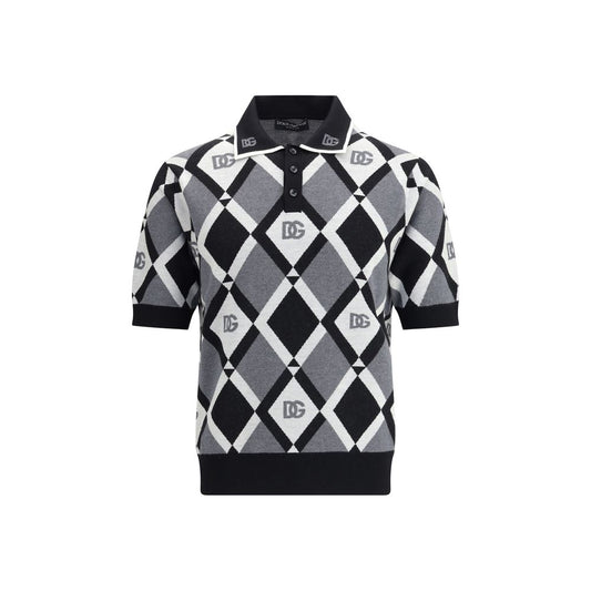 Dolce & Gabbana Multicolor Fleece Wool Polo Shirt with diamond knit pattern and logos, featuring a classic collar and ribbed hem.