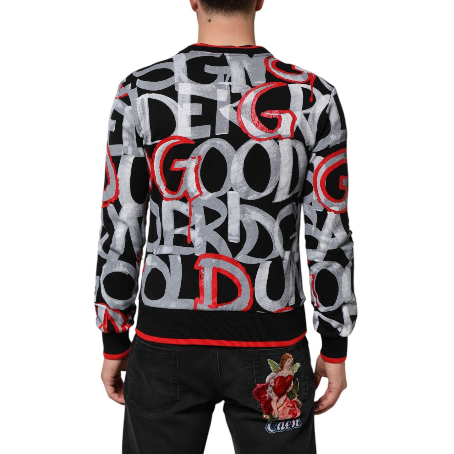 Back view of Dolce & Gabbana Multicolor Logo Monogram Crew Neck Sweater with all-over DG logo in vibrant tones, luxury fashion.