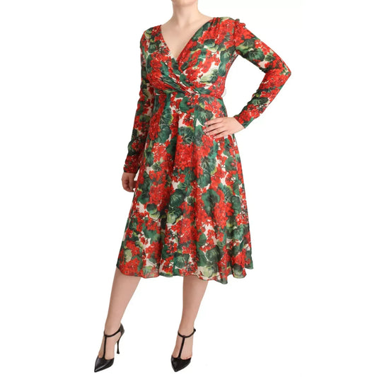 Dolce & Gabbana Multicolor Portofino-Print Shift Dress with floral design, long sleeves, and V-neck. Made of silk and elastane.